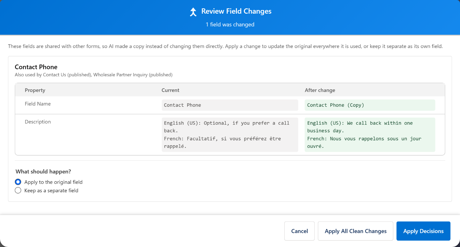 Review Field Changes: the AI's edit to a shared field beside the original, one language per line