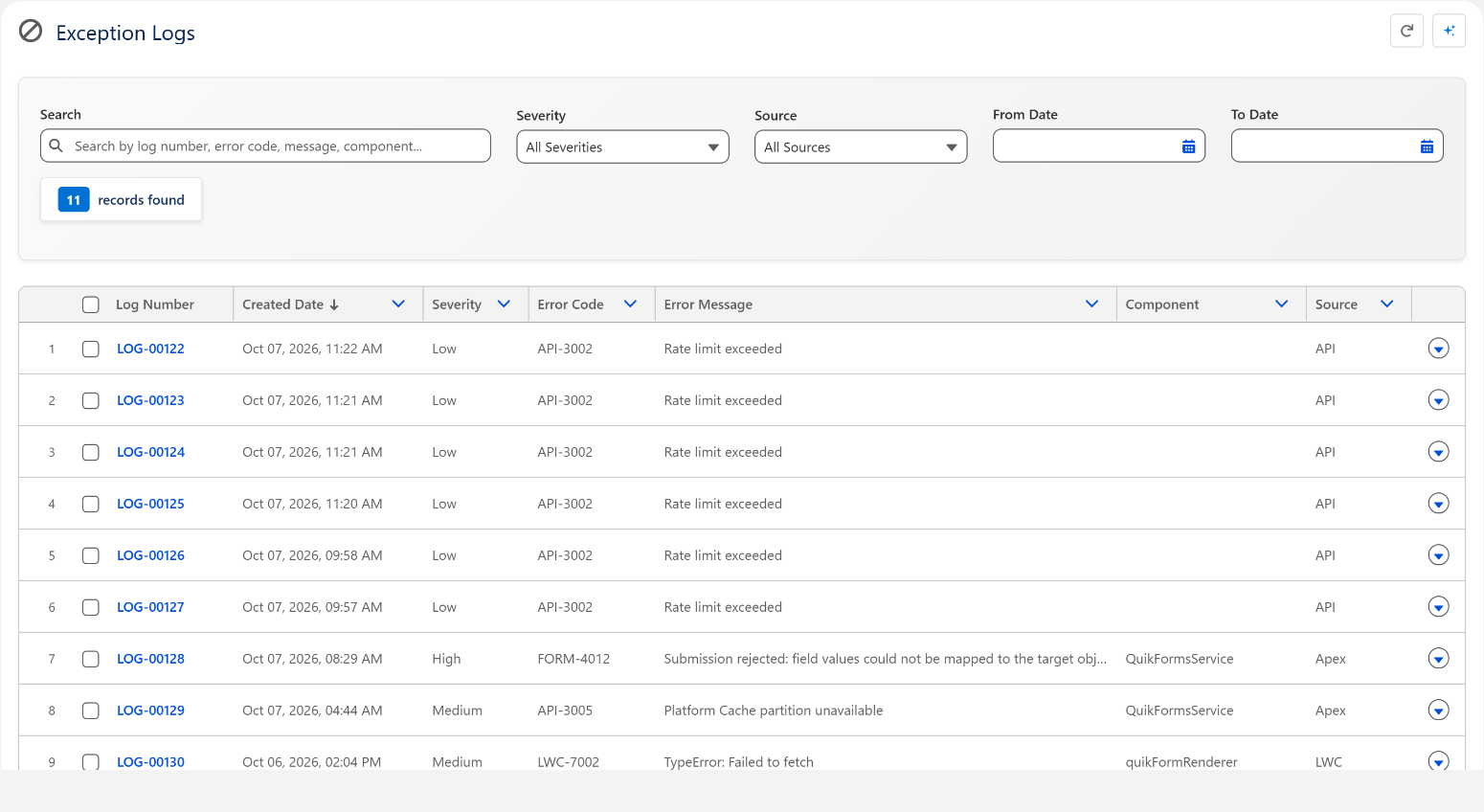 The QuikForms Error Manager's Exception Logs
