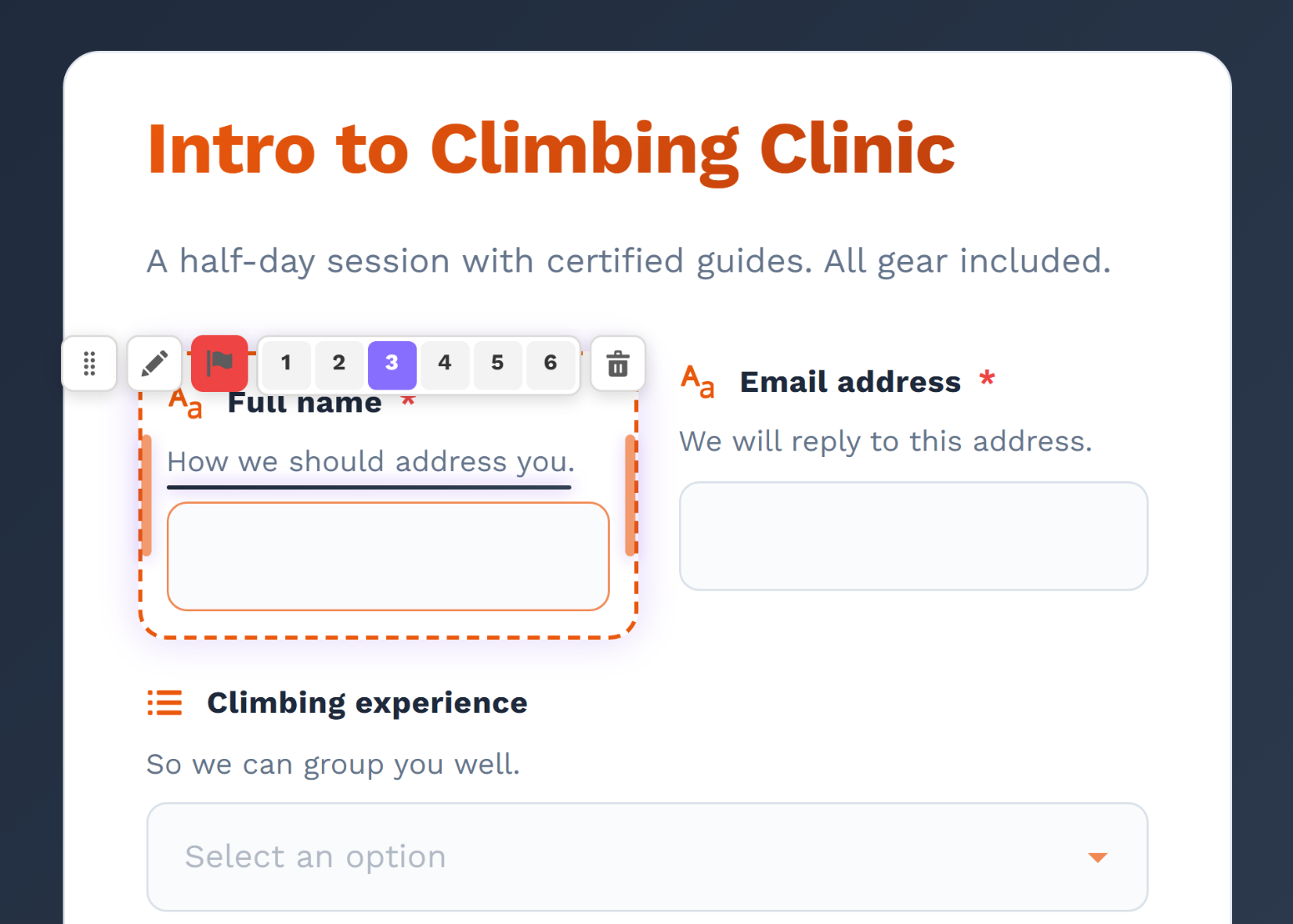 A field selected on the form canvas, with its column-width picker set to 3 of 6