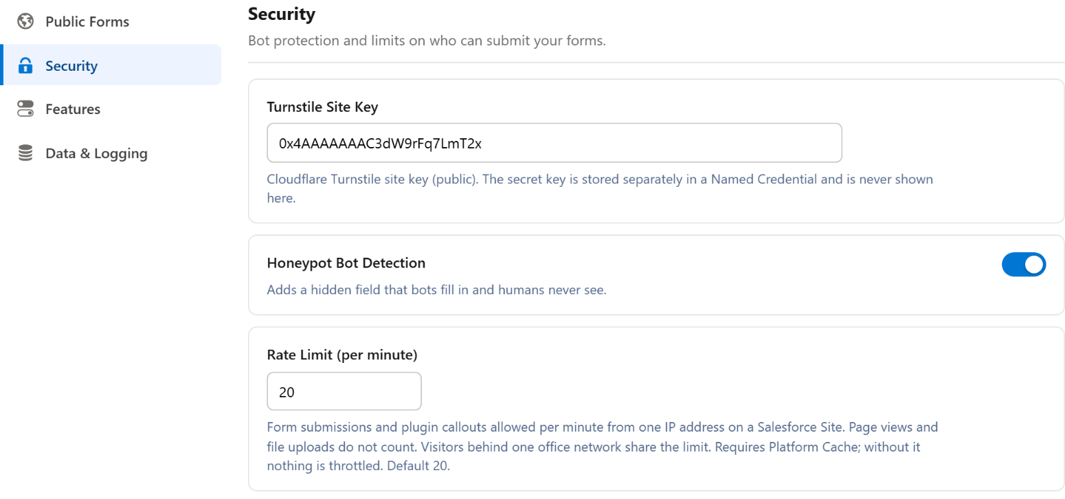 The Security settings, with Rate Limit (per minute) set to 20