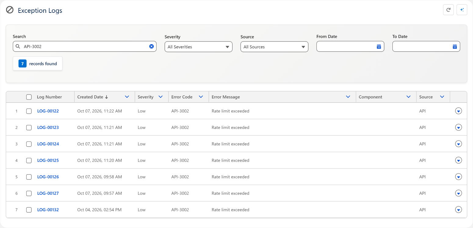 Exception Logs filtered to API-3002 rate-limit refusals