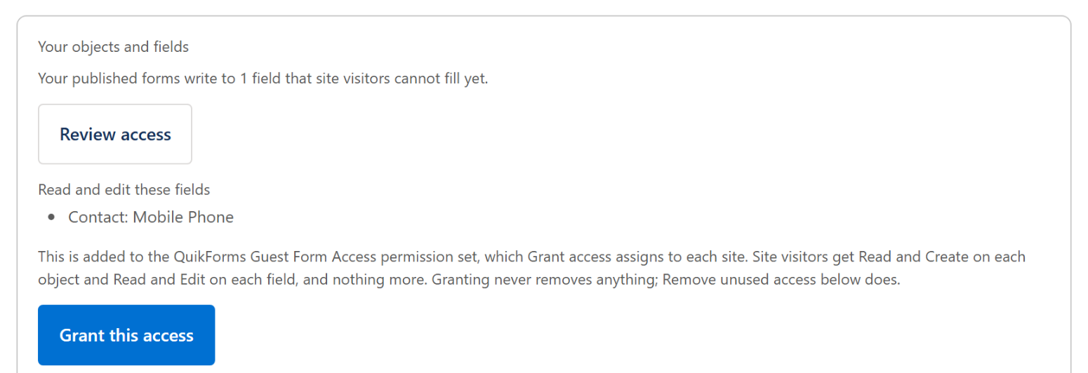 Your objects and fields, listing one field site visitors cannot fill yet