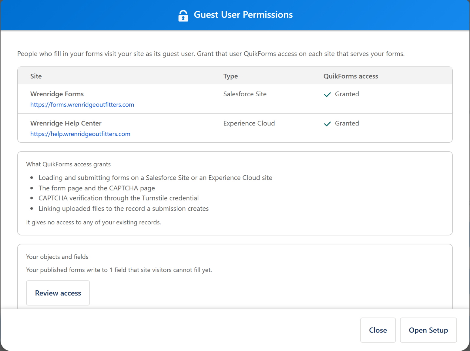 Guest User Permissions: QuikForms access granted on both sites